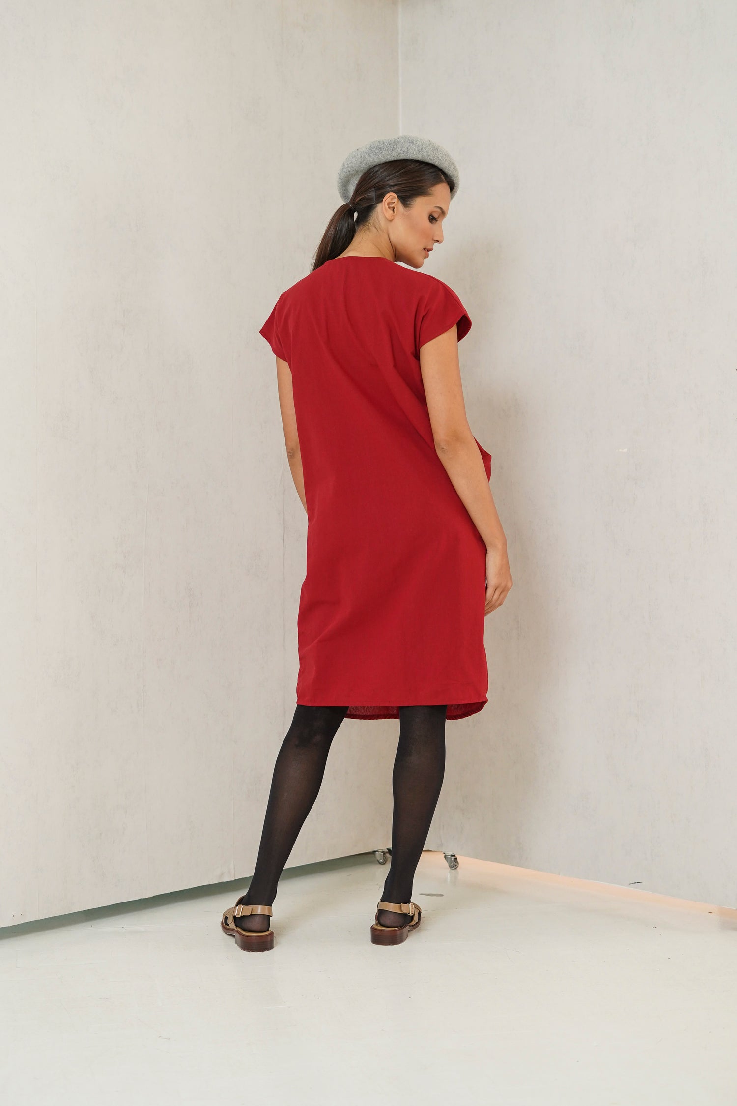 dress barn red dress Organic Cotton Scallop Trim Long Sleeve Midi Dress in Moonflower Vine | Women's S
