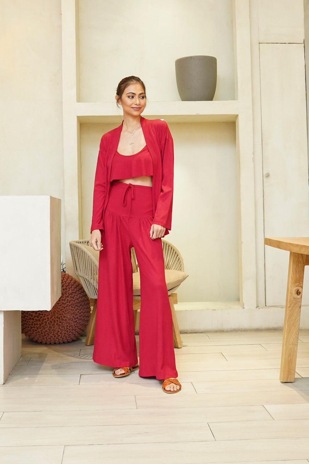 Spring Bralette and Pants Set with Kimono   (Red Currant)