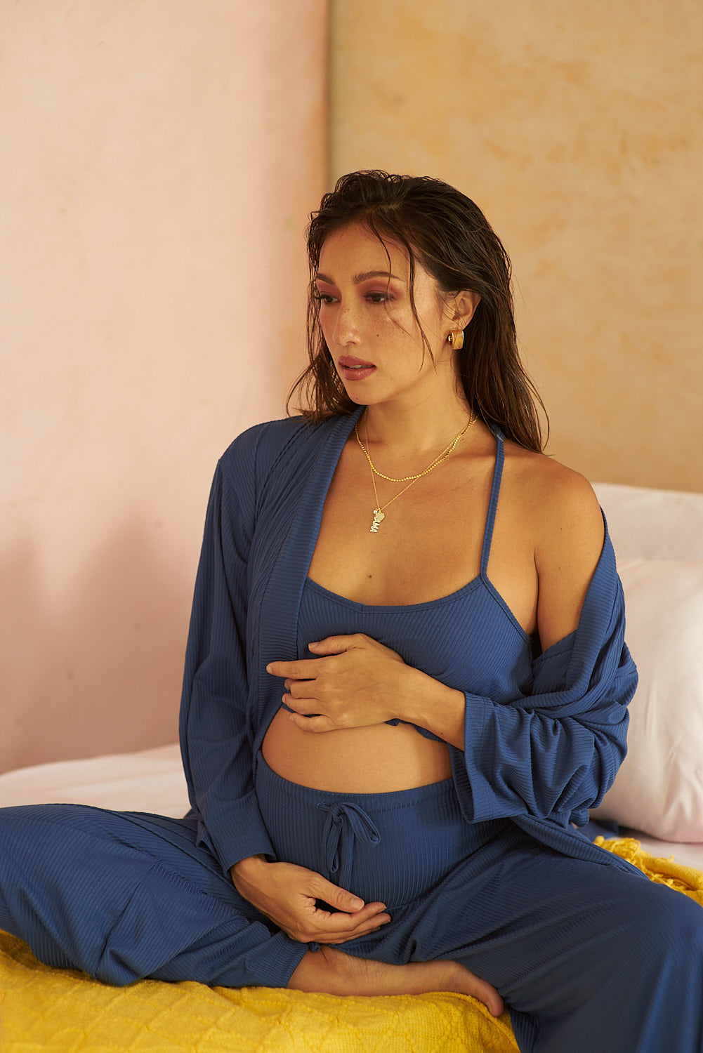 Spring Bralette and Pants Set with Kimono   (Persian Blue)